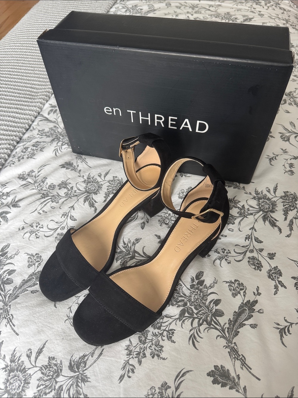 Black Suede Ankle-Strap Block Heel Sandals